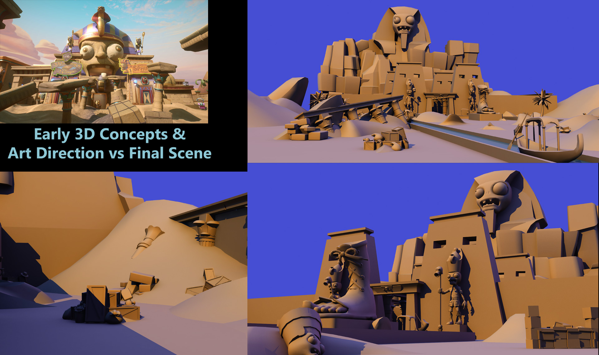 Example of the early look development, art direction and 3D concept work for a final level. I created the entirity of the early Art direction for this level